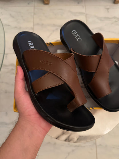 CROSS SOLE LEATHER SLIPPER - BROWN