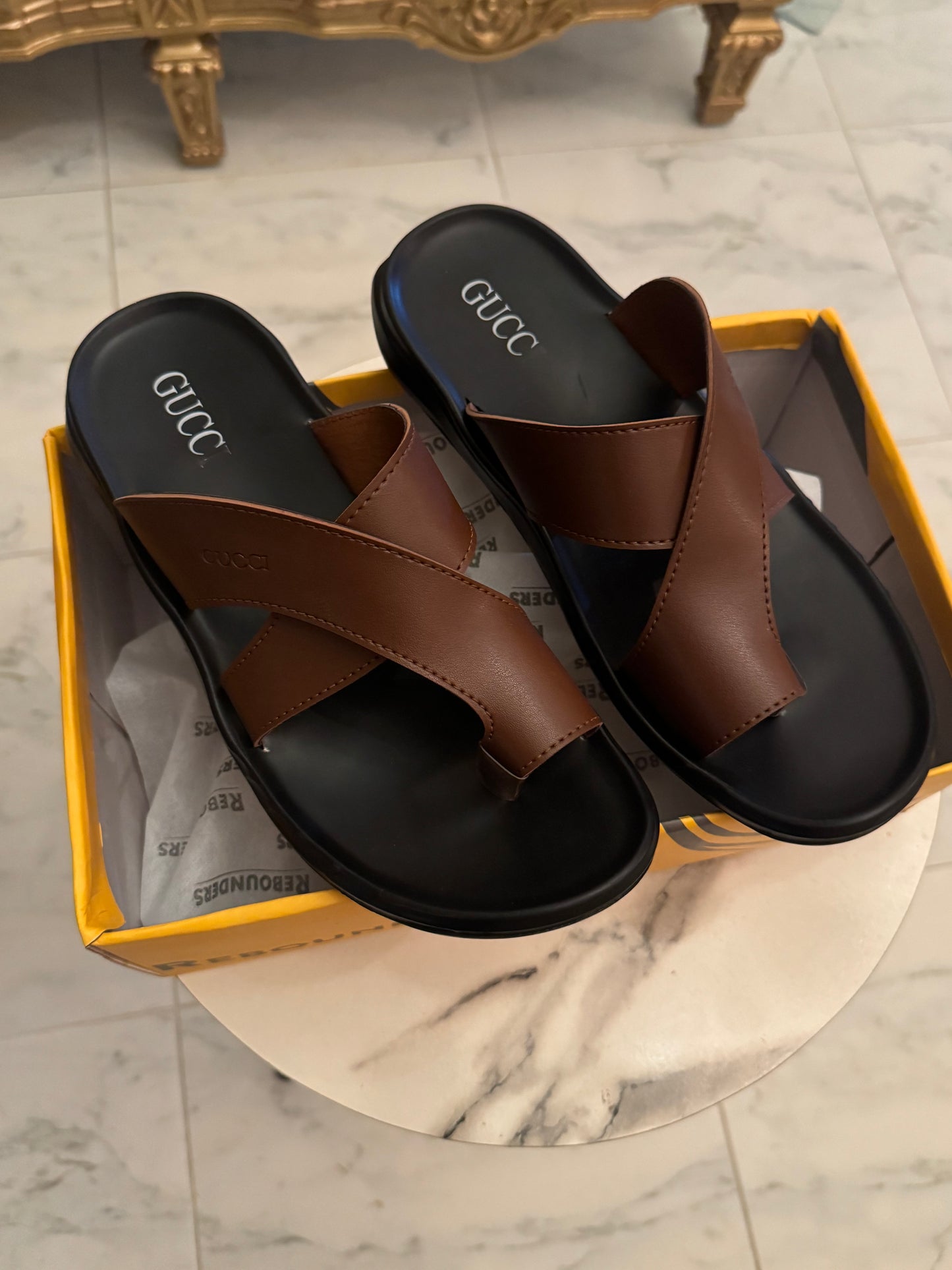 CROSS SOLE LEATHER SLIPPER - BROWN