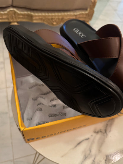 CROSS SOLE LEATHER SLIPPER - BROWN