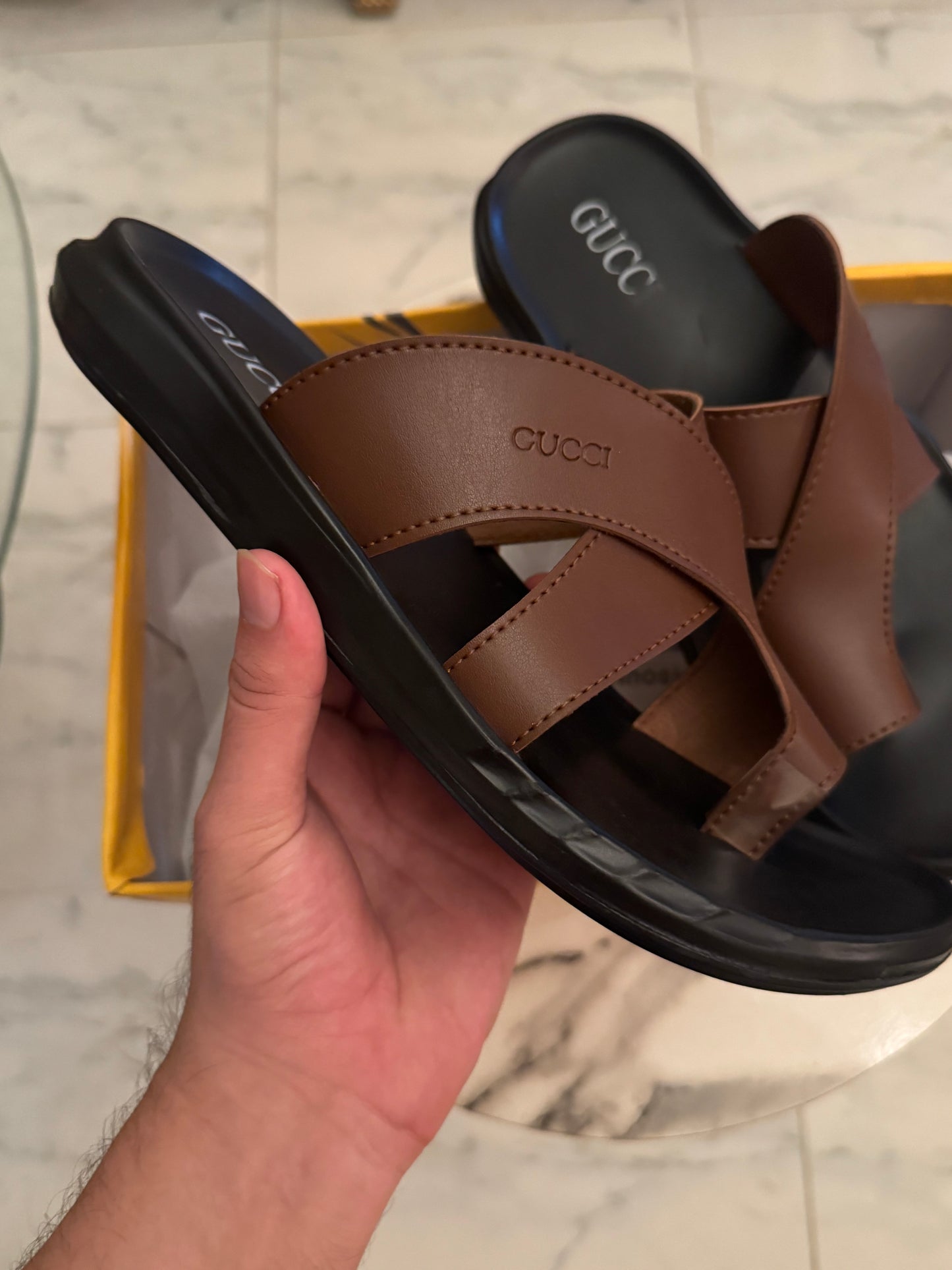 CROSS SOLE LEATHER SLIPPER - BROWN