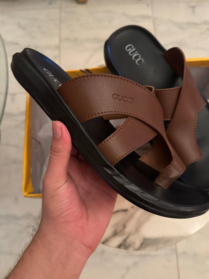 CROSS SOLE LEATHER SLIPPER - BROWN