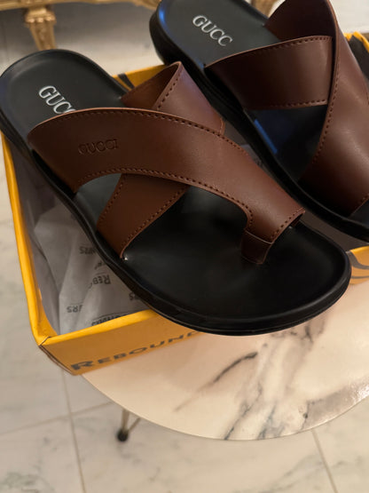 CROSS SOLE LEATHER SLIPPER - BROWN