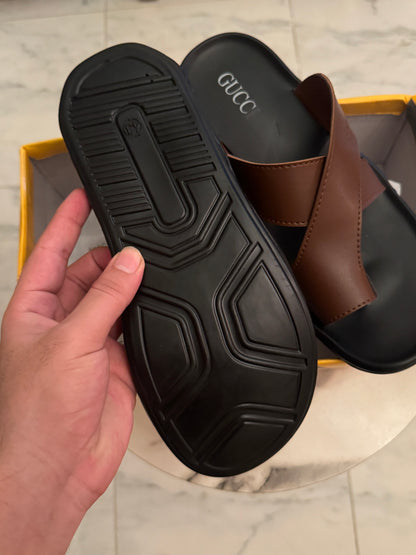 CROSS SOLE LEATHER SLIPPER - BROWN