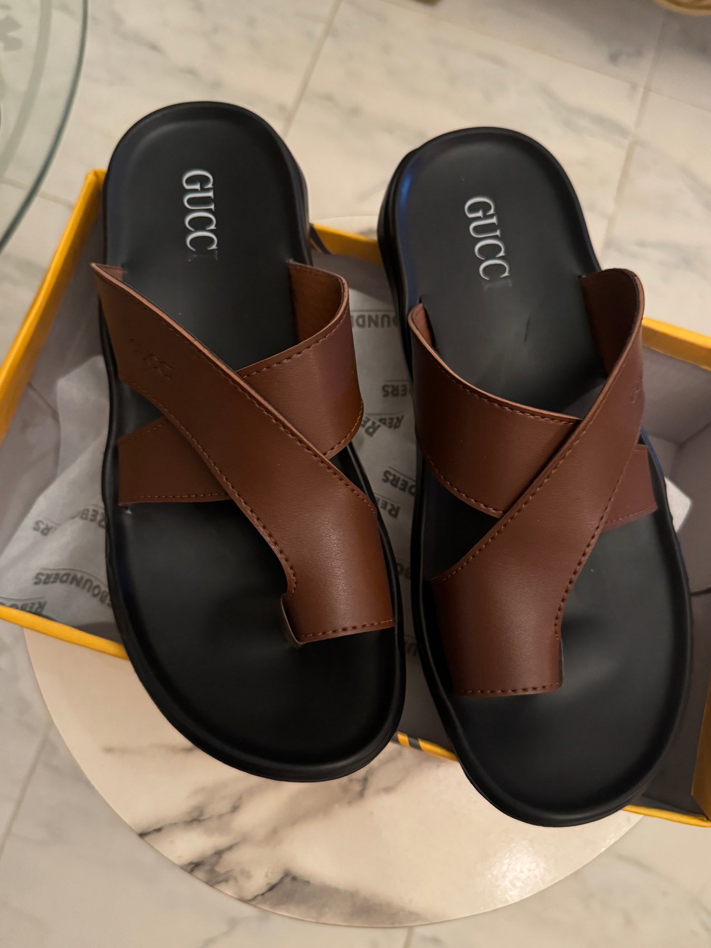 CROSS SOLE LEATHER SLIPPER - BROWN